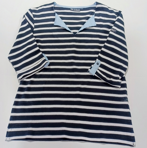 Hublot Tops - Hublot Black and White Striped Nautical Shirt with Light Blue Collar